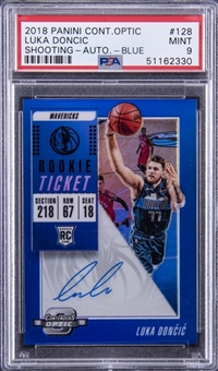 2018-19 Panini Contenders Optic Blue #128 Luka Doncic Signed Rookie Card (#10/99) - PSA MINT 9